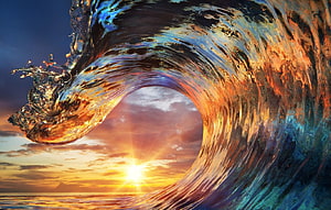 Dramatic Ocean Wave Curling at Golden Sunset with Vibrant Water Splashes HD wallpaper