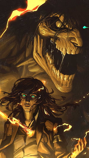 Dark Fantasy Illustration of a Man with Glowing Eyes and a Giant Skull, Eren Yeager - Awesome, Eren Jaeger HD phone wallpaper