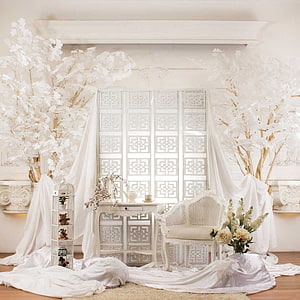 Elegant All-White Wedding Photo Booth Backdrop with Floral Trees and Vintage Furniture HD phone wallpaper