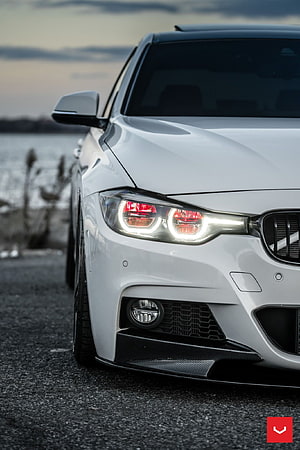 White BMW 340i F30 Sedan Front Headlight and Carbon Fiber Splitter Detail HD phone wallpaper