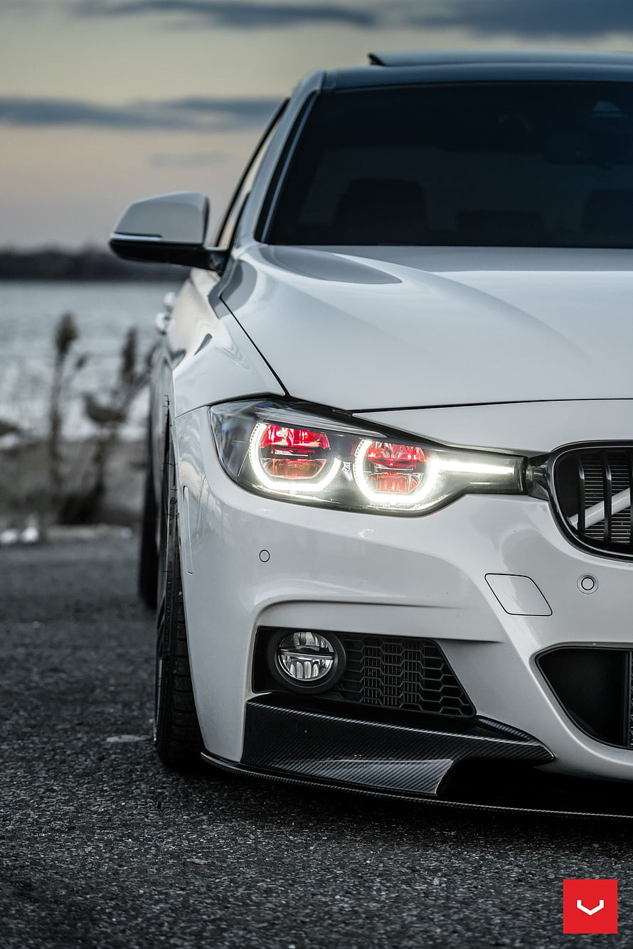 White BMW 340i F30 Sedan Front Headlight and Carbon Fiber Splitter Detail HD phone wallpaper