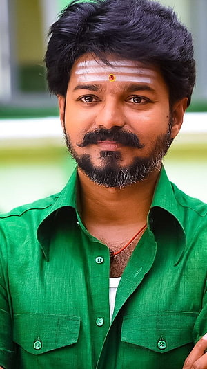 Vijay Thalapathy Portrait in Green Shirt with Traditional Forehead Mark HD phone wallpaper