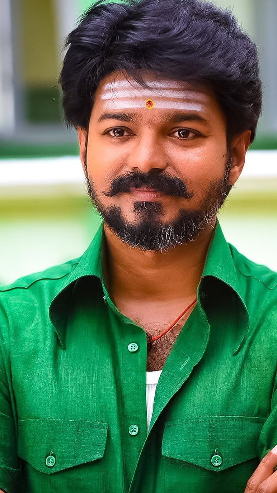 Vijay Thalapathy Portrait in Green Shirt with Traditional Forehead Mark HD phone wallpaper