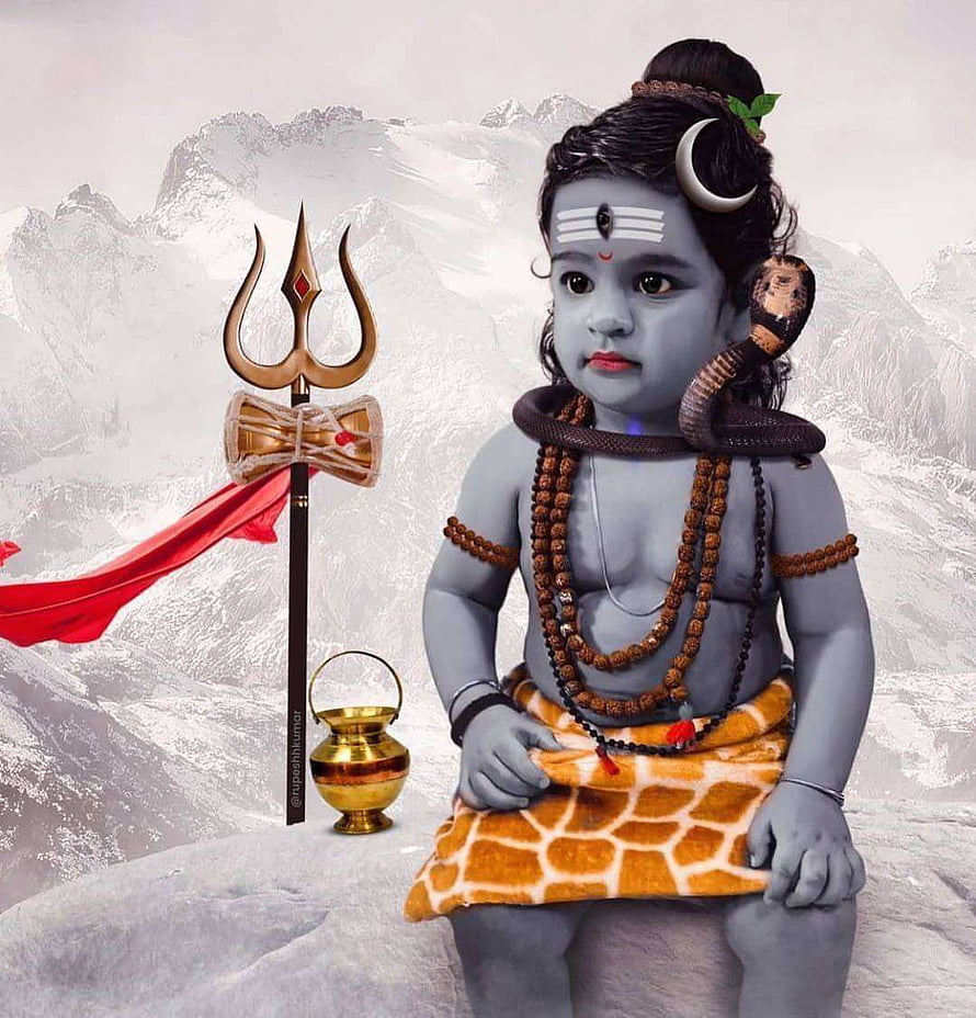 Cute Baby Shiva with Trishul and Rudraksha Beads in Himalayan Setting HD phone wallpaper
