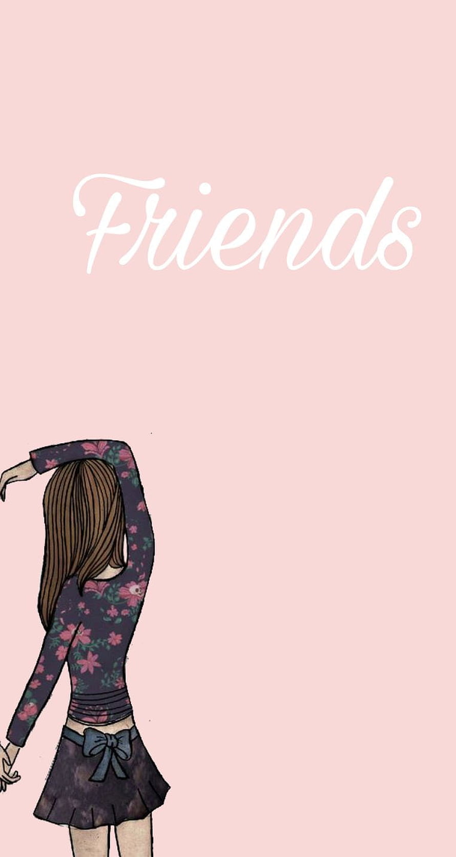 Cute Illustrated Girl in Floral Outfit with Friends Text on Soft Pink Background HD phone wallpaper