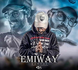 Emiway Bantai in Black Hoodie and Cap with Praying Hands Against Blue Toned Portrait Collage HD wallpaper