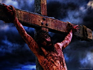 Dramatic Depiction of Jesus Christ Crucifixion on Wooden Cross with Stormy Sky Background HD wallpaper
