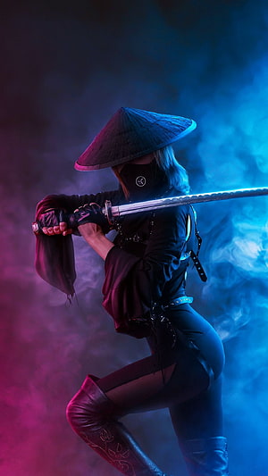 Female Assassin Cosplay With Katana And Conical Hat In Neon Blue And Purple Fog HD phone wallpaper