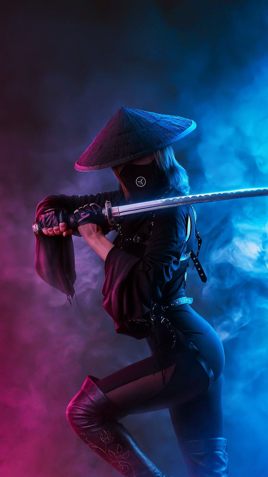 Female Assassin Cosplay With Katana And Conical Hat In Neon Blue And Purple Fog HD phone wallpaper
