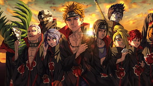 Naruto Akatsuki Members Group Portrait in Black Cloaks Against Dramatic Sunset Sky HD wallpaper