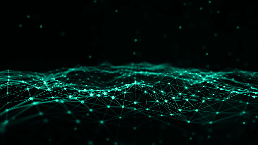 Glowing Turquoise Digital Network Mesh Over Dark Terrain HD wallpaper