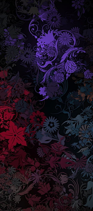 Dark Abstract Floral Wallpaper With Purple And Red Silhouettes HD phone wallpaper