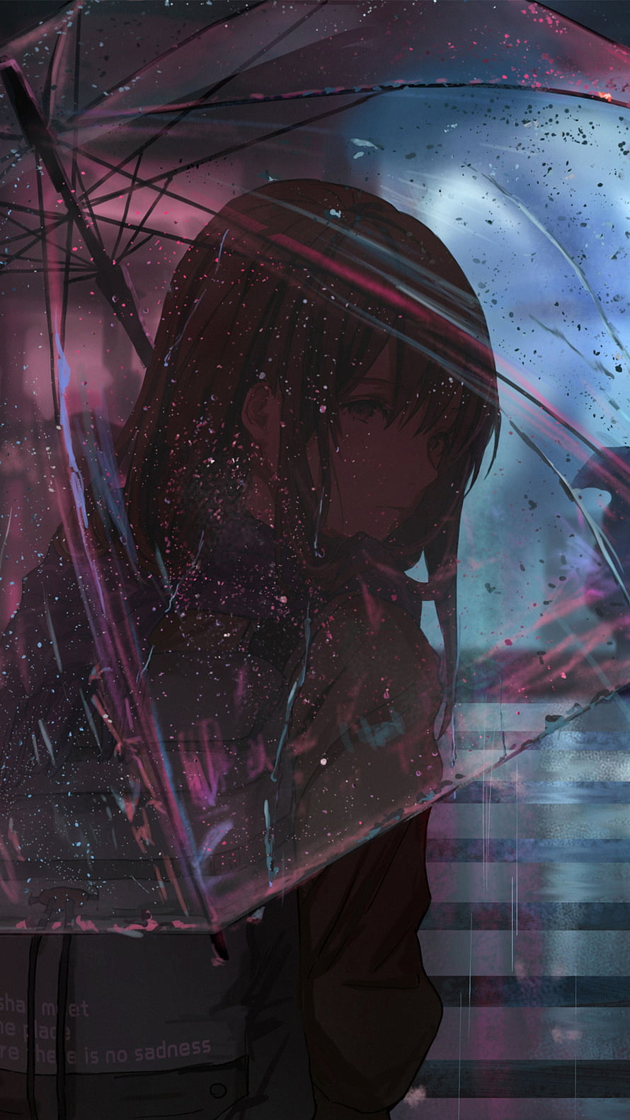 Melancholic Anime Girl Under Transparent Umbrella in Rainy City Night HD phone wallpaper