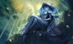 Ranni the Witch in a Blue Fantasy Portrait with Glowing Magic and a Wide-Brimmed Hat HD wallpaper