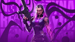Reyna Valorant Character Artwork with Purple Tentacles and Rifle HD wallpaper