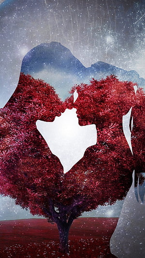 Romantic Double Exposure Artwork Featuring Silhouetted Couple and Vibrant Red Tree, Love, Romantic Love Couple, romantic love, couple HD phone wallpaper