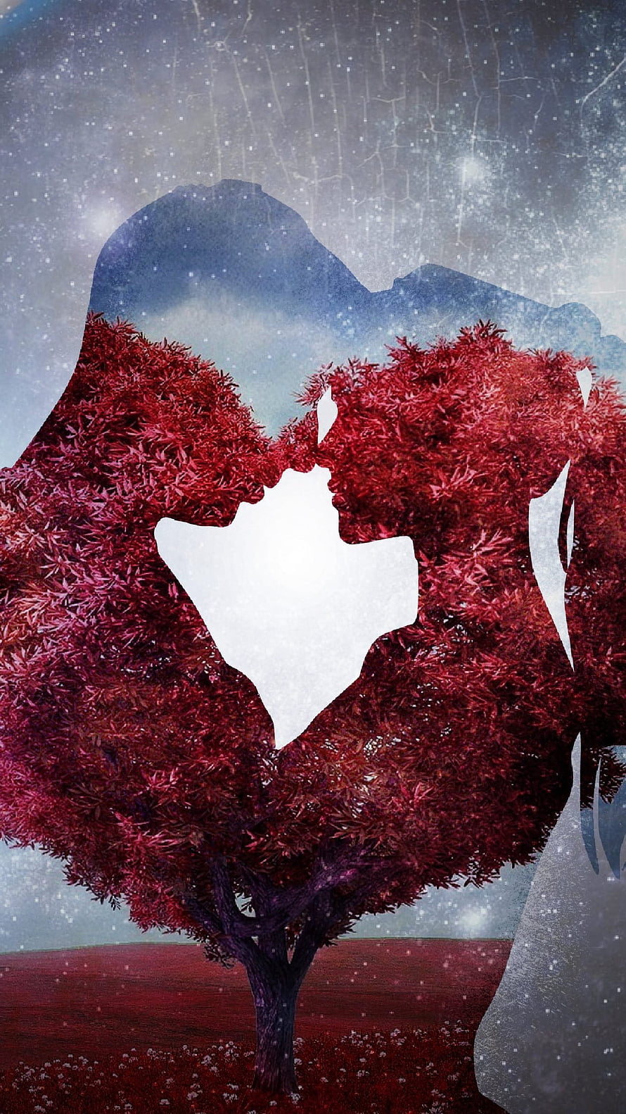 Romantic Double Exposure Artwork Featuring Silhouetted Couple and Vibrant Red Tree, Love, Romantic Love Couple, romantic love, couple HD phone wallpaper