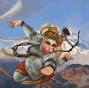 Hanuman Flying Through the Sky With a Bow and Arrow in a Mythological Painting, Hanuman Flying HD wallpaper