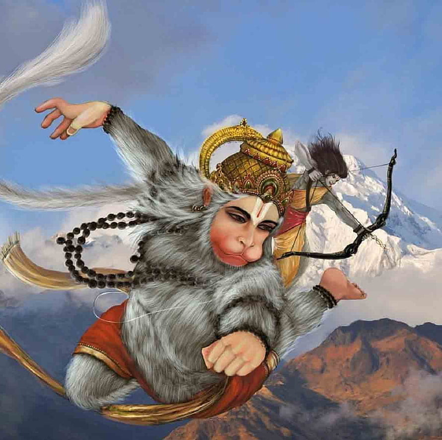 Hanuman Flying Through the Sky With a Bow and Arrow in a Mythological Painting, Hanuman Flying HD wallpaper