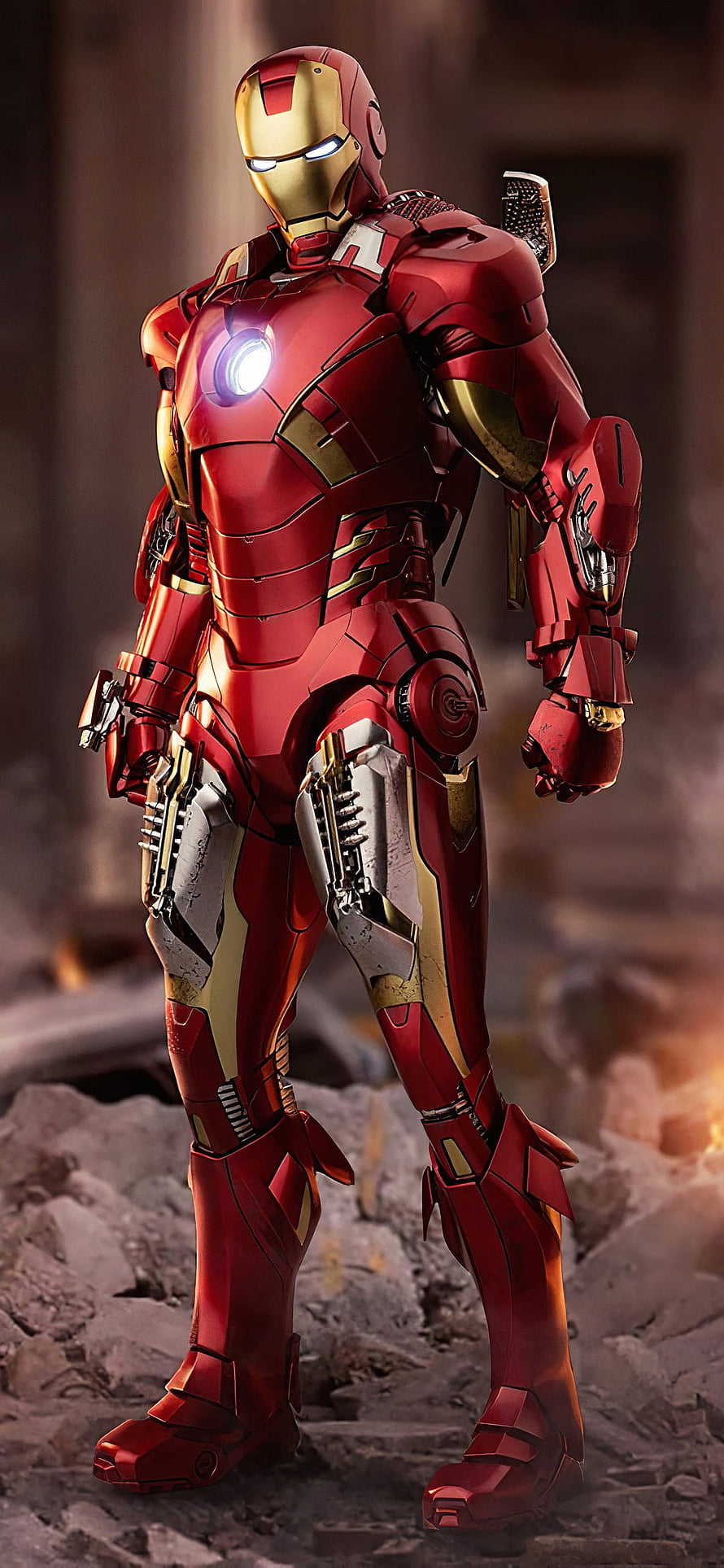 Iron Man Mark 85 Armor Standing in a Ruined Battlefield with Glowing Arc Reactor, Top 85 Best Iron Man ( + ), Iron Man HD phone wallpaper