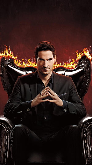 Tom Ellis as Lucifer Morningstar Seated in a Burning Throne HD phone wallpaper