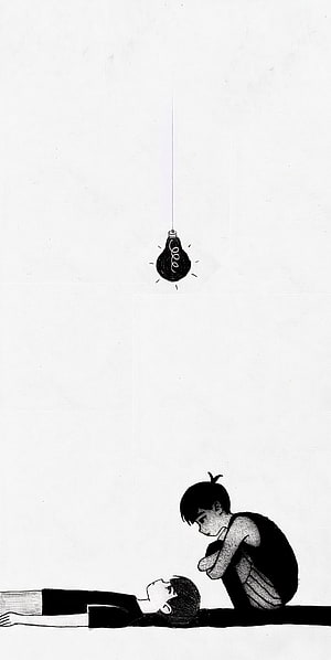Omori and Sunny Black and White Illustration with Hanging Light Bulb HD phone wallpaper