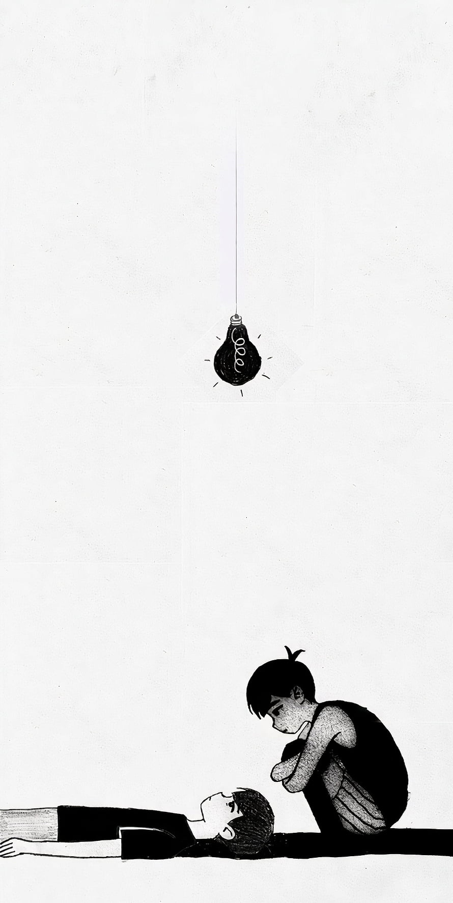 Omori and Sunny Black and White Illustration with Hanging Light Bulb HD phone wallpaper