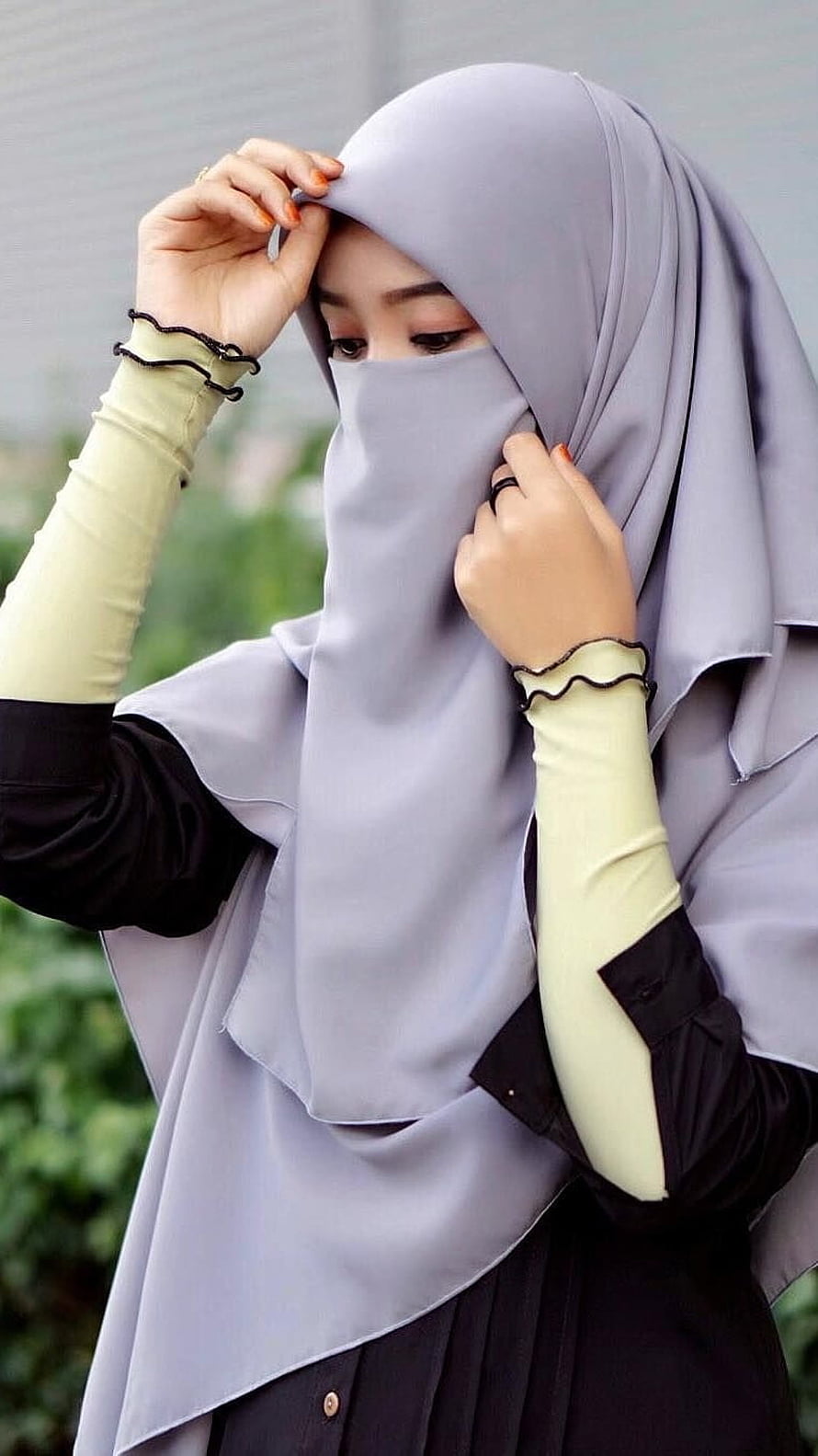 Woman in Grey Hijab and Niqab Adjusting Headscarf with Elegant Layered Outfit, Muslim Girl , Gurkha Hijab HD phone wallpaper