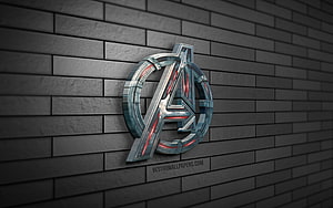 Avengers 3D metallic logo mounted on a dark gray brick wall with red glowing accents and industrial design details HD wallpaper