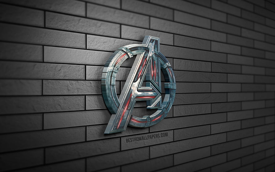 Avengers 3D metallic logo mounted on a dark gray brick wall with red glowing accents and industrial design details HD wallpaper