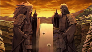 Naruto Shippuden Valley of the End Scene with Two Samurai at Sunset HD wallpaper