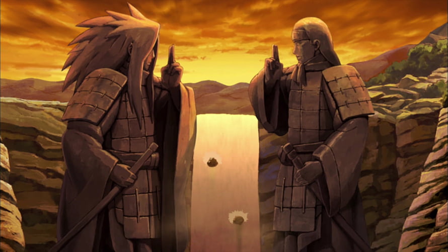 Naruto Shippuden Valley of the End Scene with Two Samurai at Sunset HD wallpaper