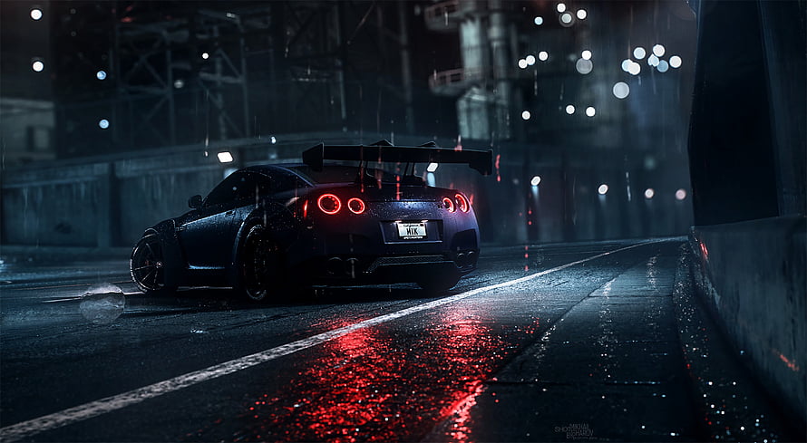 Nissan GT-R R35 Night Drive on Wet City Street with Rain Reflections HD wallpaper