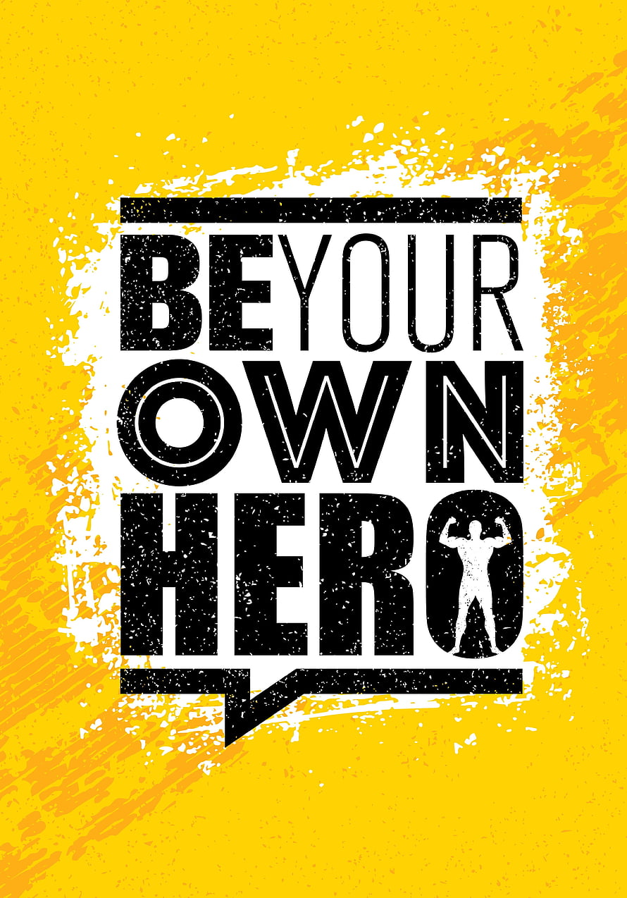 Be Your Own Hero Motivational Typography Poster With Flexing Silhouette On Yellow Background HD phone wallpaper