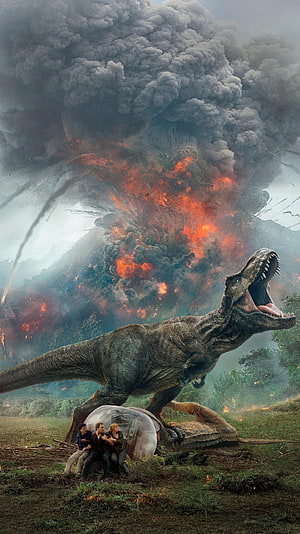 Tyrannosaurus Rex Roars Amid Volcanic Eruption in Jurassic World Fallen Kingdom HD phone wallpaper