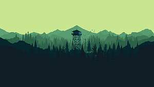 Minimalist Vector Illustration of a Forest Fire Lookout Tower Amidst Pine Trees and Mountains HD wallpaper