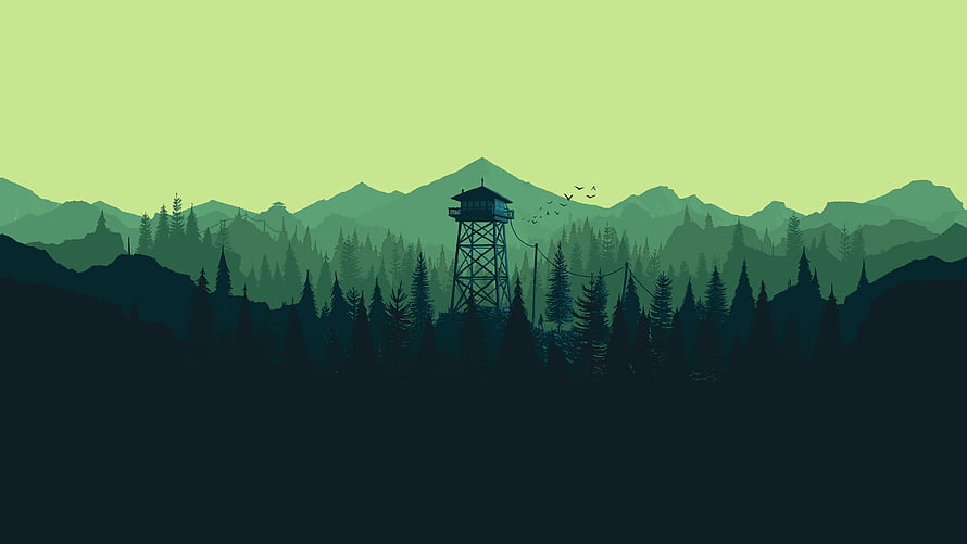 Minimalist Vector Illustration of a Forest Fire Lookout Tower Amidst Pine Trees and Mountains HD wallpaper