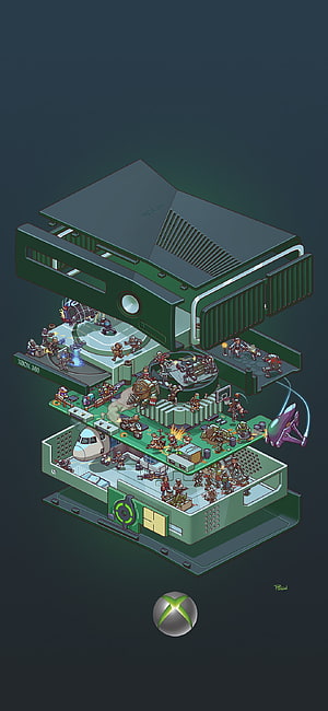 Isometric Exploded View of Xbox 360 Console with Miniature Gaming Scenes HD phone wallpaper