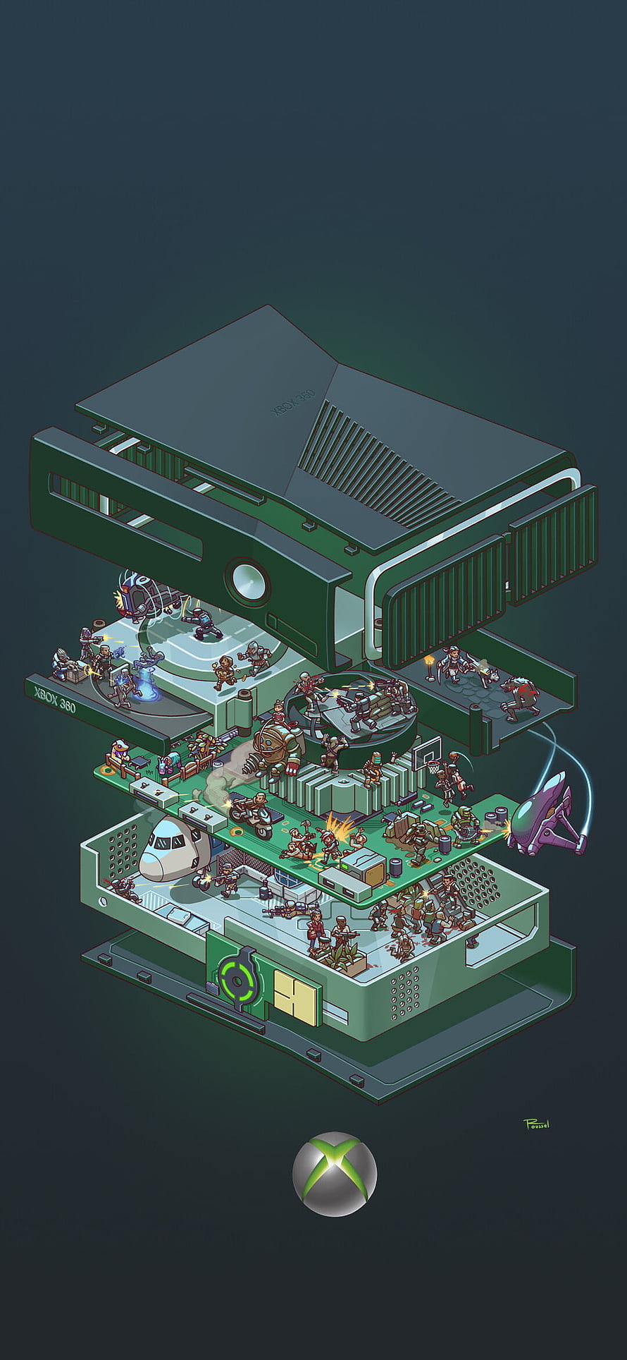 Isometric Exploded View of Xbox 360 Console with Miniature Gaming Scenes HD phone wallpaper