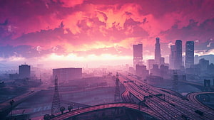 Grand Theft Auto V Los Santos Skyline at Dusk with Highway Traffic and Pink Clouds HD wallpaper