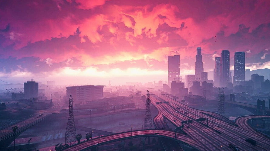 Grand Theft Auto V Los Santos Skyline at Dusk with Highway Traffic and Pink Clouds HD wallpaper
