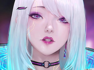 Cyberpunk Cyborg Girl with White Hair and Neon Circuitry HD wallpaper