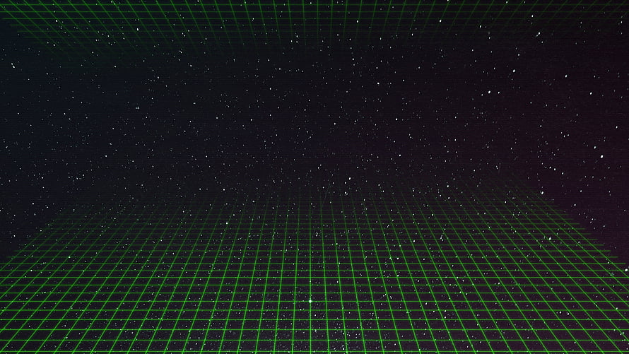 Retro Synthwave Green Grid Horizon Against Starry Night Sky HD wallpaper