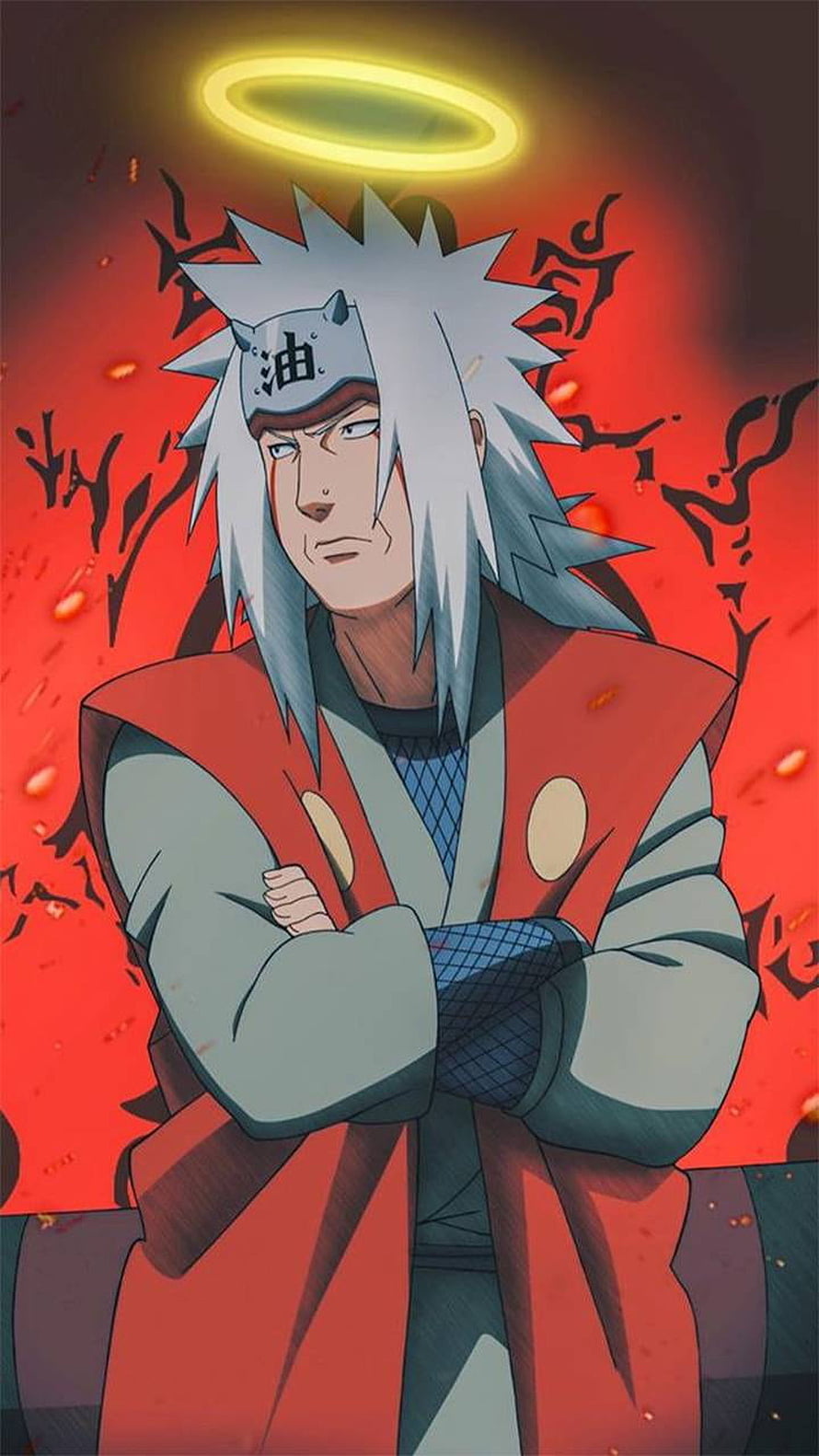 Jiraiya from Naruto Shippuden with glowing halo and red cloak against fiery background HD phone wallpaper