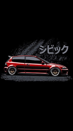 Red Honda Civic EK9 Illustration with Japanese Text on Black Background HD phone wallpaper