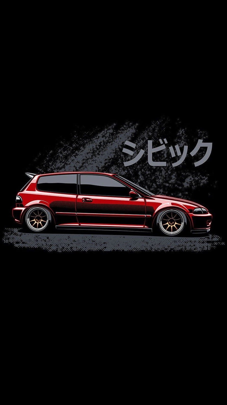 Red Honda Civic EK9 Illustration with Japanese Text on Black Background HD phone wallpaper