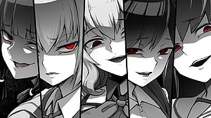 Five Anime Girls With Red Eyes in Black and White Manga Panels HD wallpaper