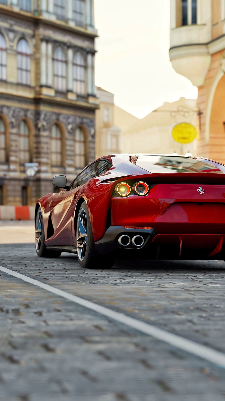 Red Ferrari 812 Superfast Rear View on Cobblestone Street HD phone wallpaper