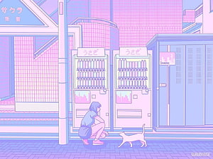 Pastel Purple Anime Girl Crouching Beside Cat at Japanese Vending Machine HD wallpaper
