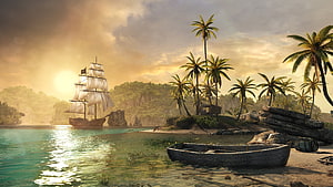 Tropical Island at Golden Hour with Pirate Galleon and Wooden Rowboat HD wallpaper